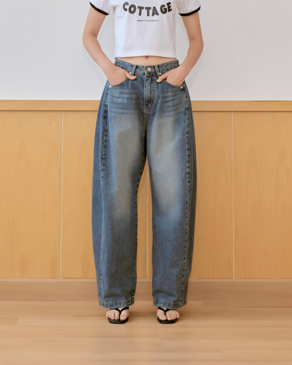 mid washed balloon denim pants