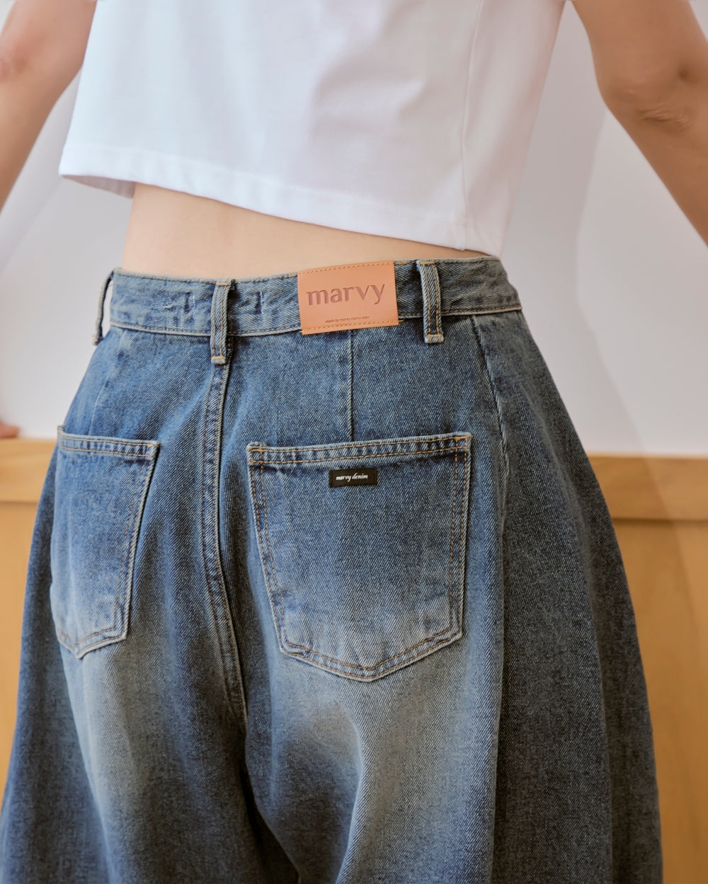 mid washed balloon denim pants