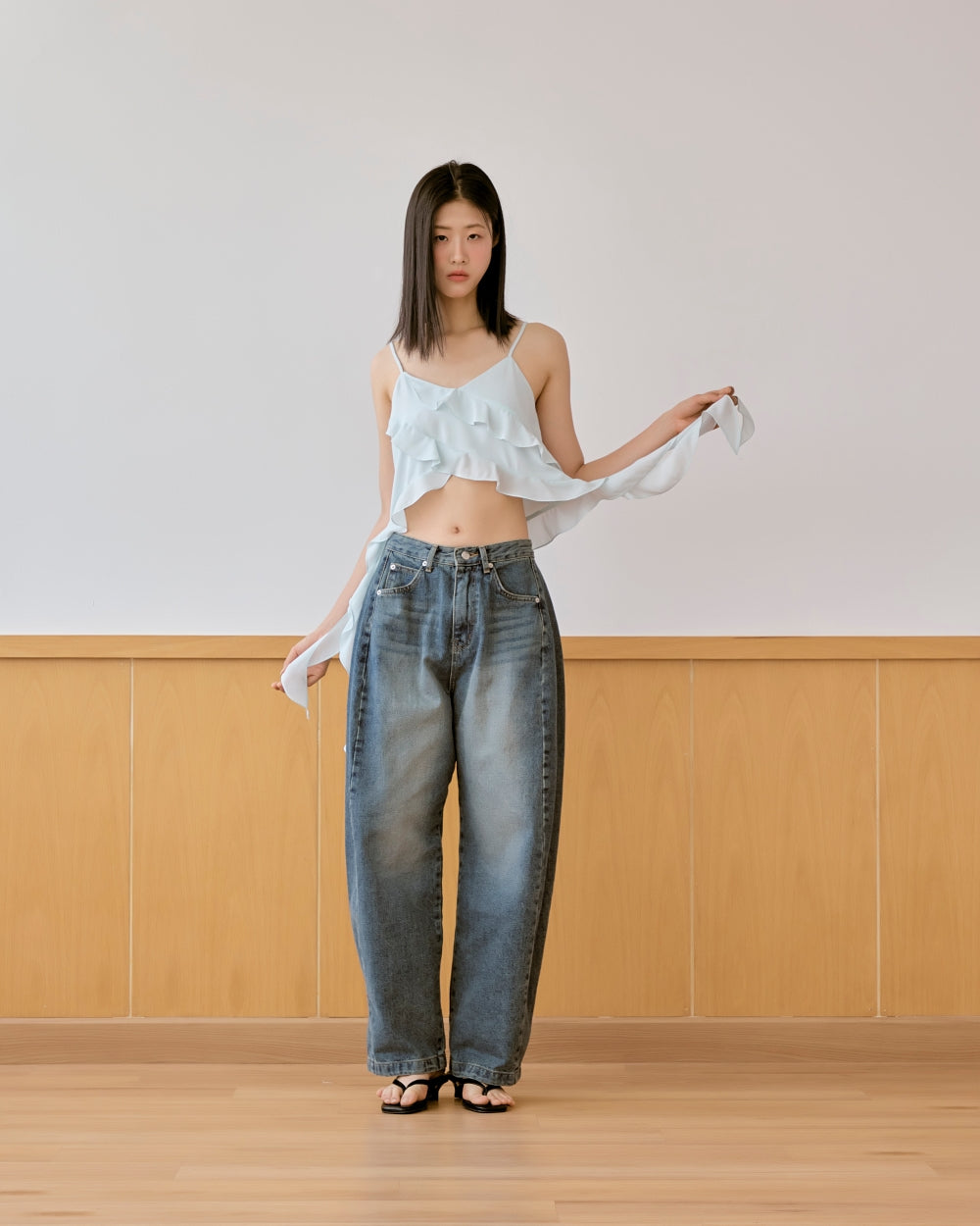 mid washed balloon denim pants